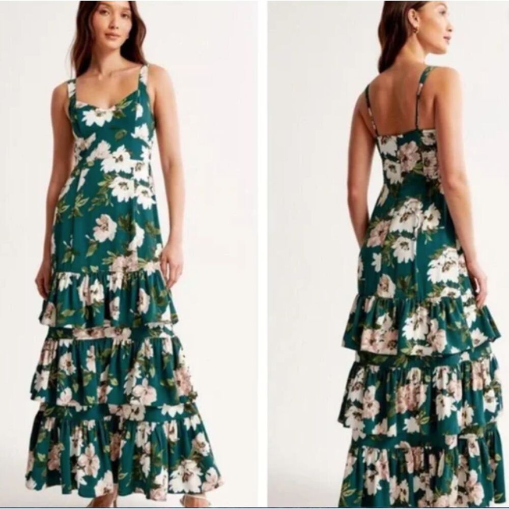 A&F Green Floral Drama Ruffle Tiered Gown